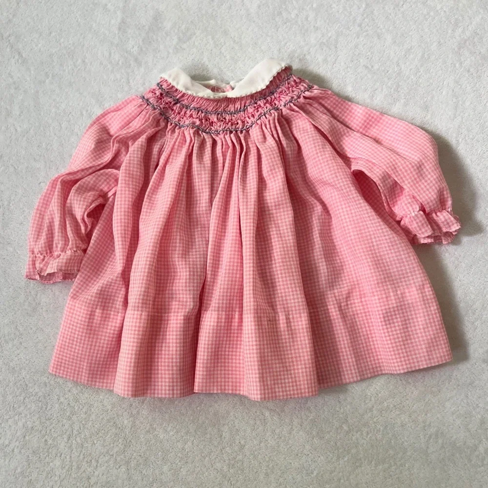 The Smockery Smocked Dress Pink Gingham Vintage Peter Pan Collar Size M